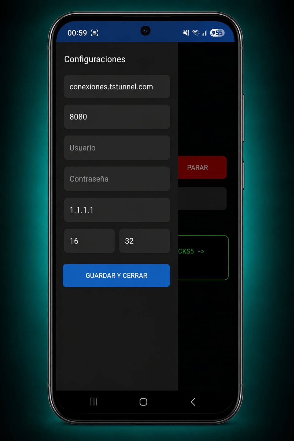 Pantalla de configuración de TS Tunnel