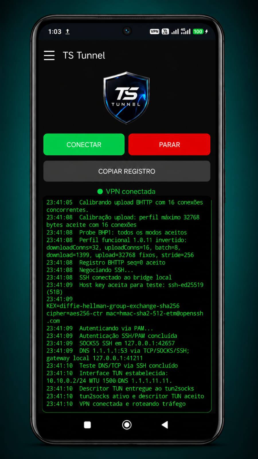Pantalla de TS Tunnel con la VPN conectada y el registro de la conexión